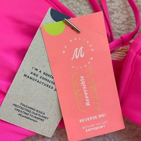 NWT Maaji Reversible Radiant Pink Parade Long Line Triangle Bikini Top